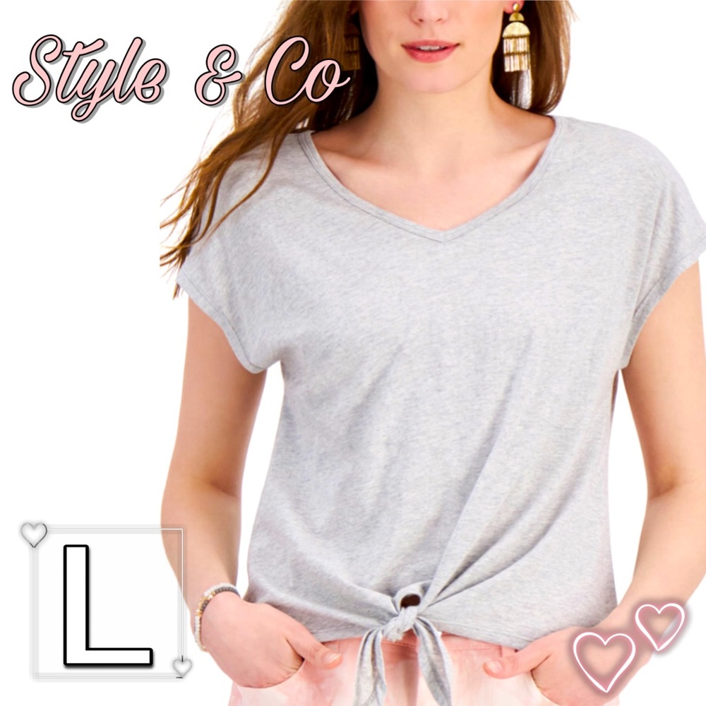 STYLE & CO GRAY COTTON/MODAL TIE-FRONT V-NECK T-SHIRT, LARGE SHORT SLEEVE TOP - Picture 6 of 6
